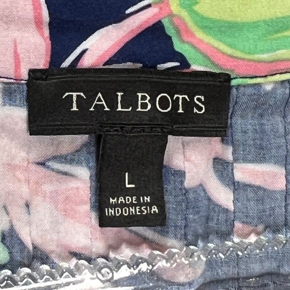 Talbots Top Womens Large Black Yellow Blue Long Sleeve Split Neck Pullover Flora - Picture 9 of 10